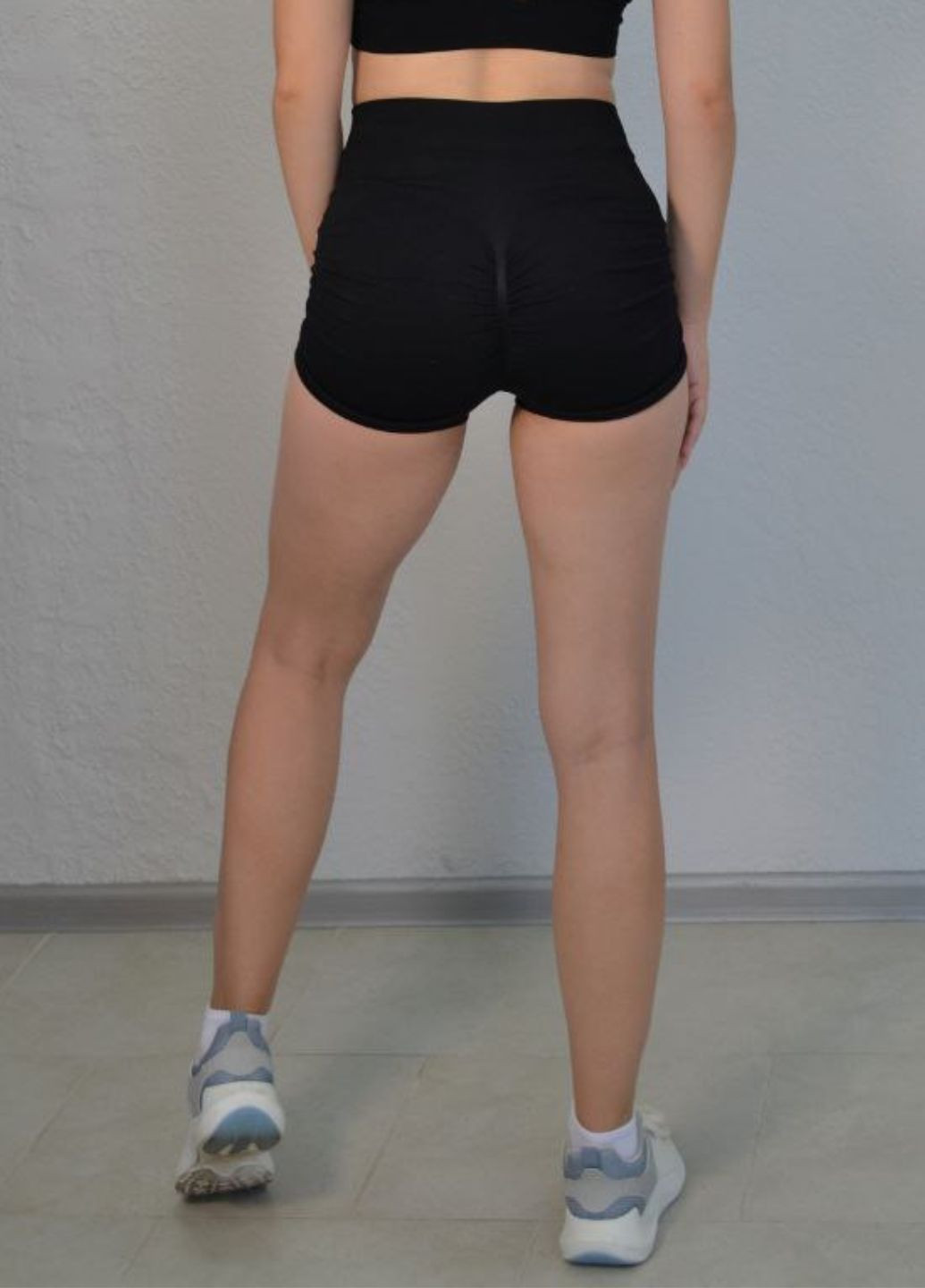 Шорты рубчик с высокой посадкой с драпировкой черные (70162) FitFiesta (338379174)