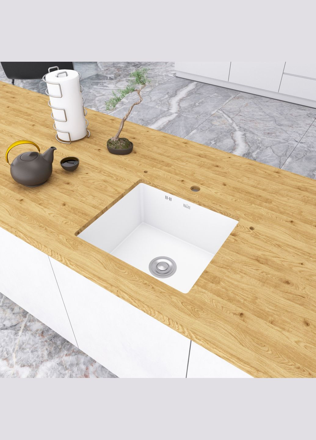 Белая кухонная мойка под столешницу 1.5 мм из нержавеющей стали Nett NW-5045 (330030407)
