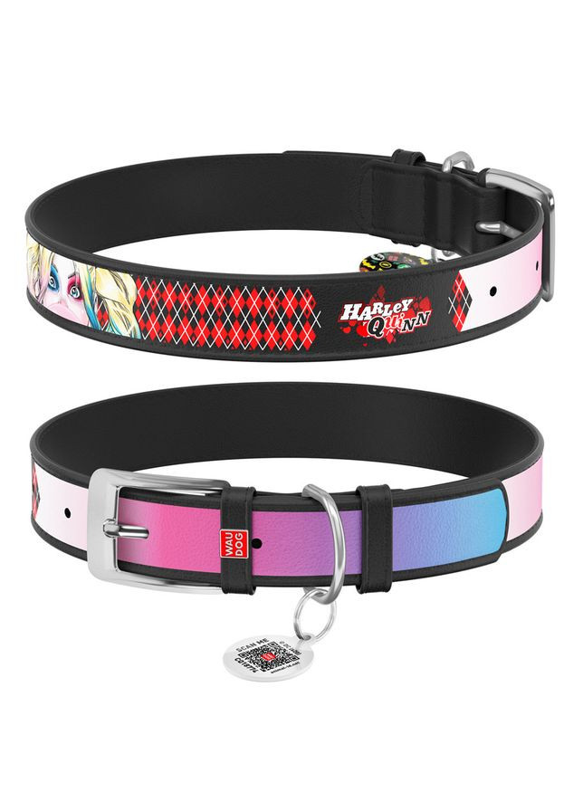 Ошейник для собак кожаный Design с QR паспортом, рисунок "Харли Квин", Ш 12 мм, Длин 20-28 см черный WAUDOG (362580451)
