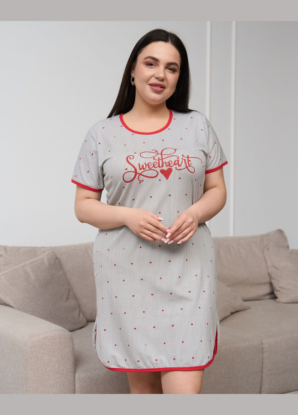Ночная рубашка женская трикотажная серая в сердечка размеры 2XL-5XL Nicoletta (346275873)