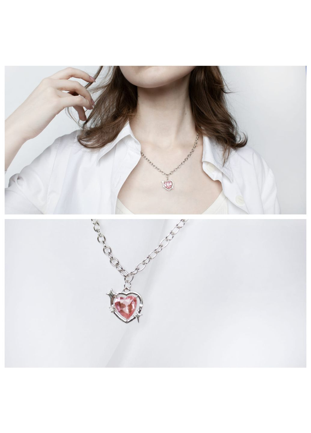 Ланцюжок феї сріблястий 2.0 в стилі фентезі fairycore з рожевим серцем і асиметричними зірочками кольє казкове крупний ланцюг No Brand (307288332)