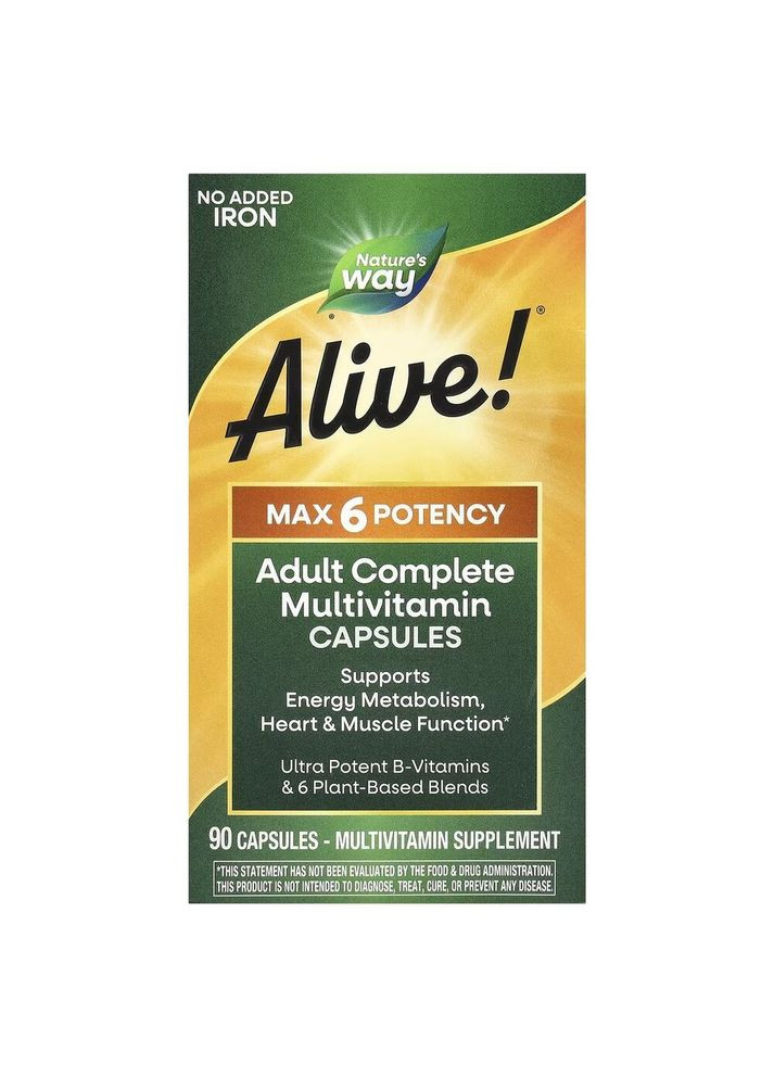 Витамины и минералы Alive! Max6 Potency No Added Iron, 90 капсул без добавления железа Nature's Way (322209876)