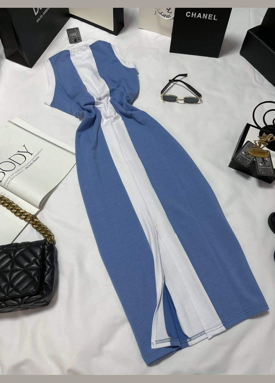 Синя повсякденний жіноча стильна сукня - майка з розрізом футляр Україна з написами