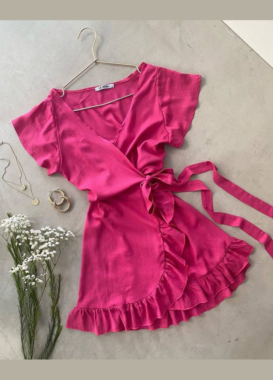 Малиновое лёгкое летнее платье малинового цвета без рукава из льна No Brand однотонное