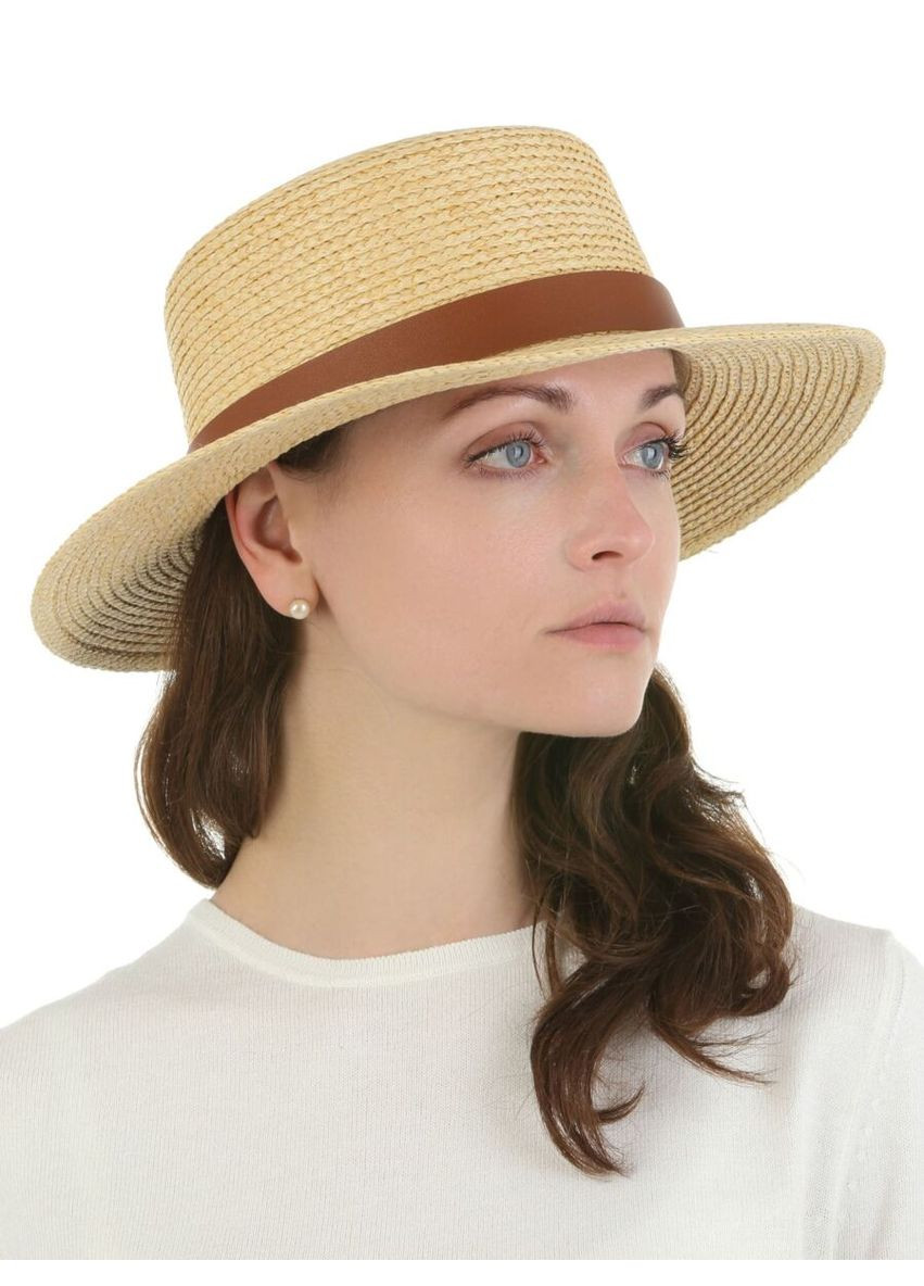 Жіночий капелюх літній канотьє бежевого кольору з шкіряним ремінцем (SC53242) Shlyapka (331768526)