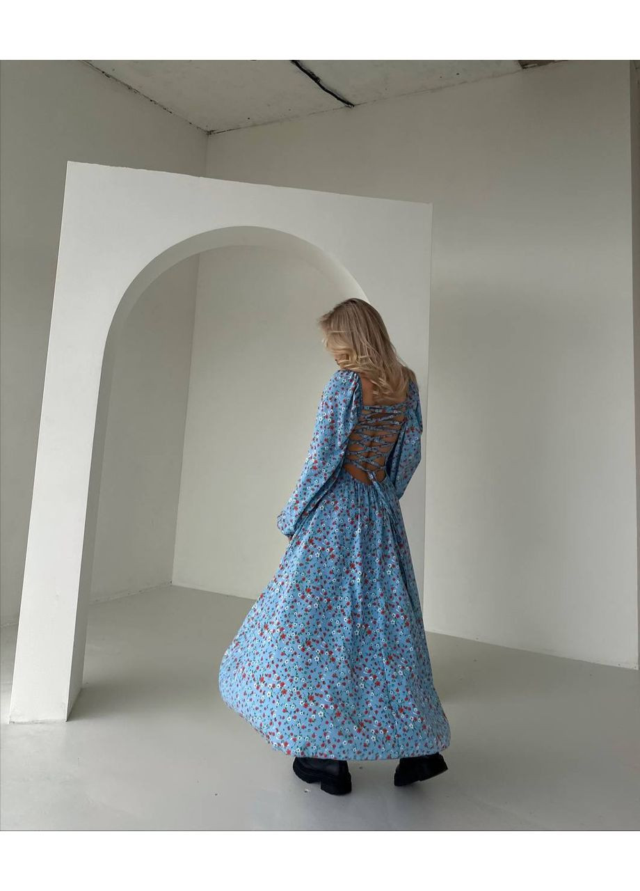 Блакитна кежуал жіноча довга сукня з розрізом з відкритою спиною Україна з квітковим принтом