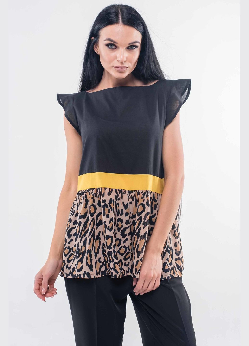 Чорна оверсайз блуза з бавовни та шифону з крильцями, відрізною талією та об’ємним низом (бл.2-66/19) RiMari