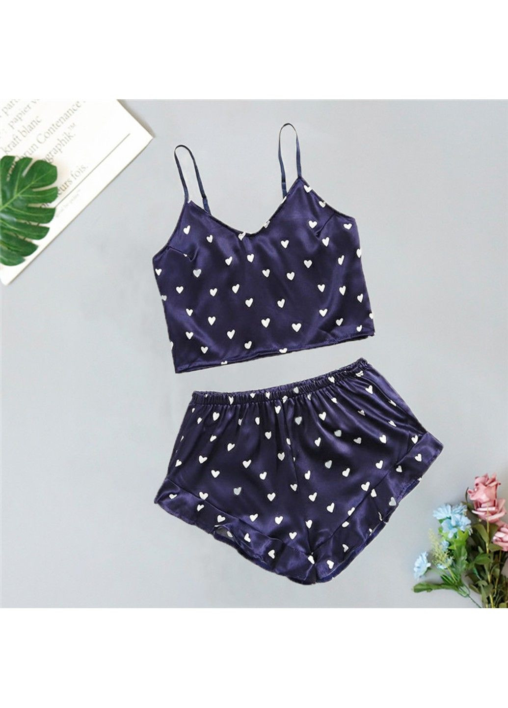 Темно-синя всесезон жіноча піжама love атласна: топ та шорти синя топ + шорти No Brand