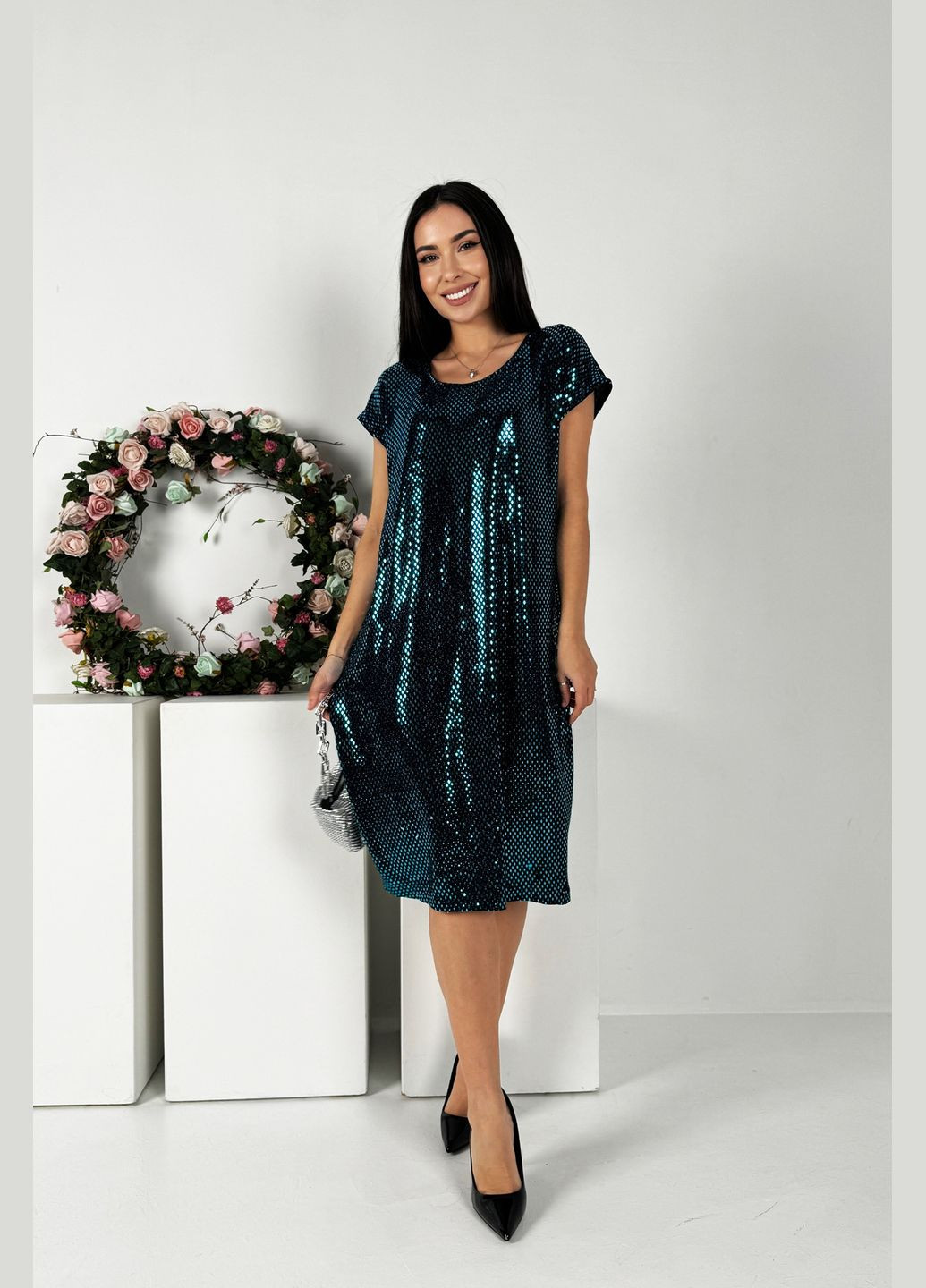 Бірюзова святковий, повсякденний, кежуал блискуча коктейльна пряма сукня довжини міді INNOE однотонна