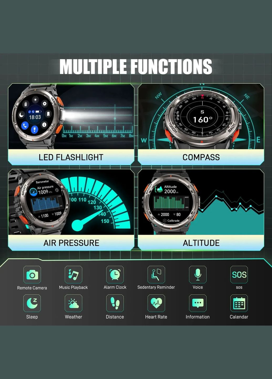 Мужские военные смарт-часы EIGIIS KE5 со светодиодным фонариком компасом и барометром для Android iOS Smart Watch (333827476)
