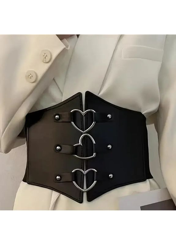 Жіночий широкий пояс-корсет зі срібними кільцями у формі сердець — чорний колір No Brand (368643302)