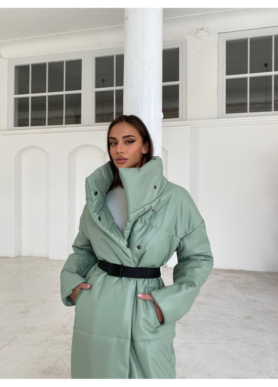 Оливкова зимова куртка - пуховик nika з екошкіри оливкового кольору milirud