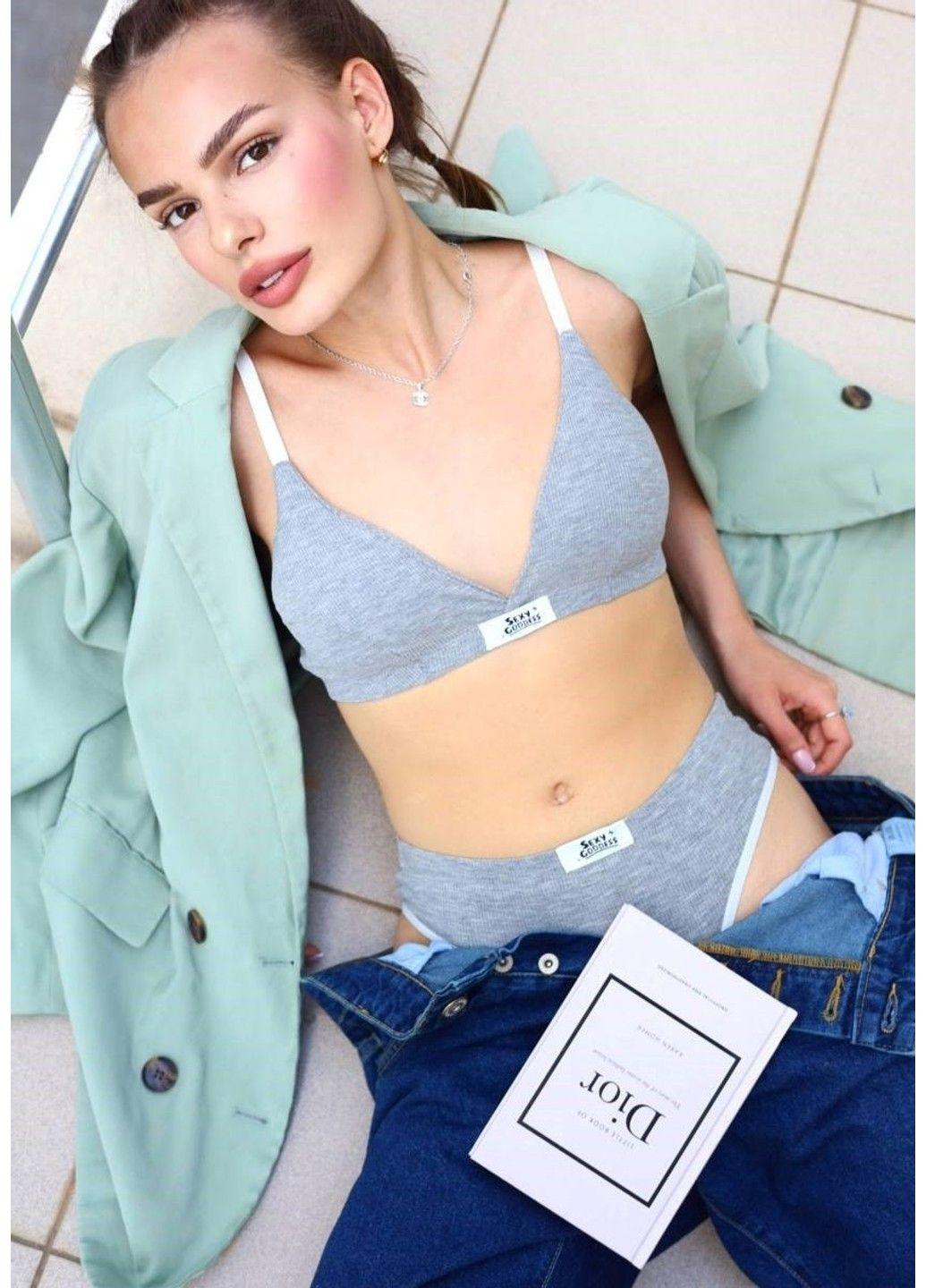 Серый комплект белья с топом 42-48 серый Horoso