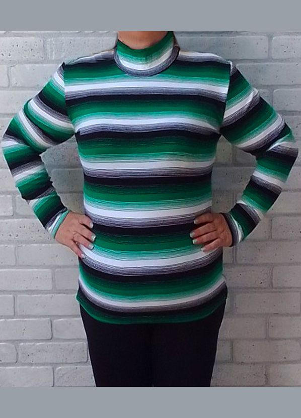 Теплая вязаная женская водолазка в зеленую полоску горловина стойка (батал) No Brand (329880981)