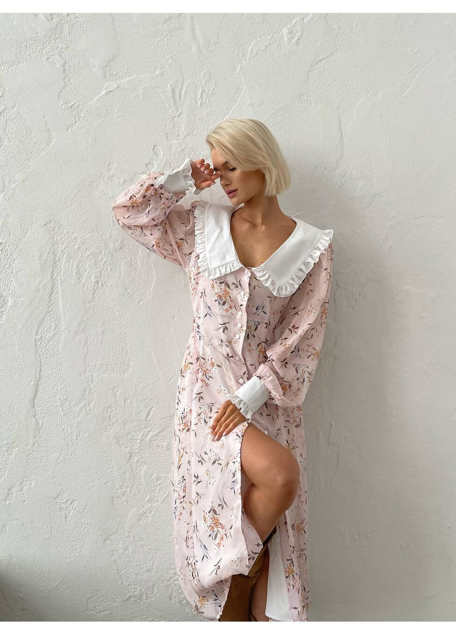 Пудровое платье venetta с белым воротничком длины меди с цветочным пудровым принтом milirud