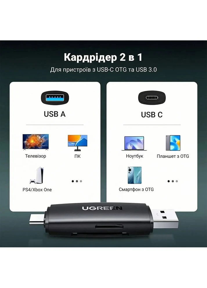 Картридер Card Reader USB-C 3.1 USB-A TF/SD CM304 (80191) Ugreen (399513206)