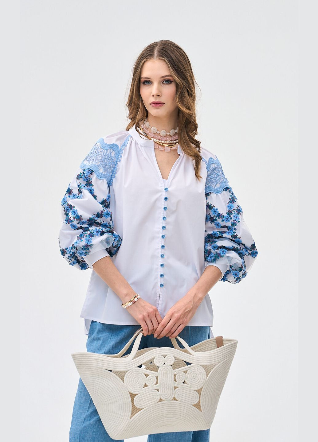 Молочная белая вышиванка с эксклюзивным рукавом - ua48 / eu42 Iren Klairie