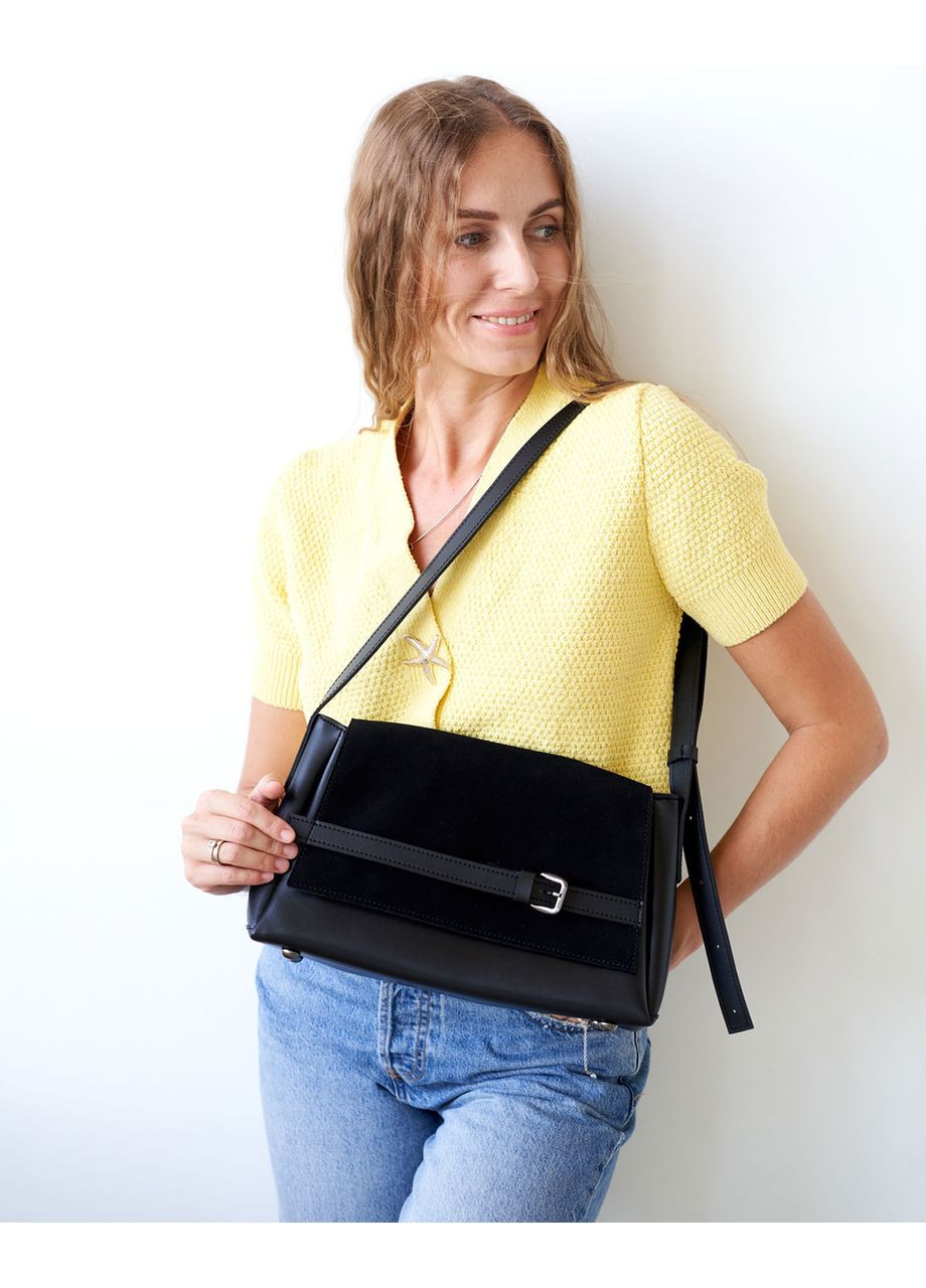 Женская сумка со вставкой из натуральной замши с застежкой-магнитом черного цвета «Лилит» WeLassie (364963474)