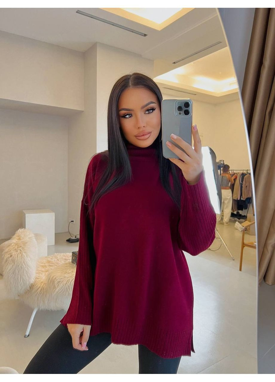 Бордовий зимовий стильний та комфортний светр oversize джемпер No Brand