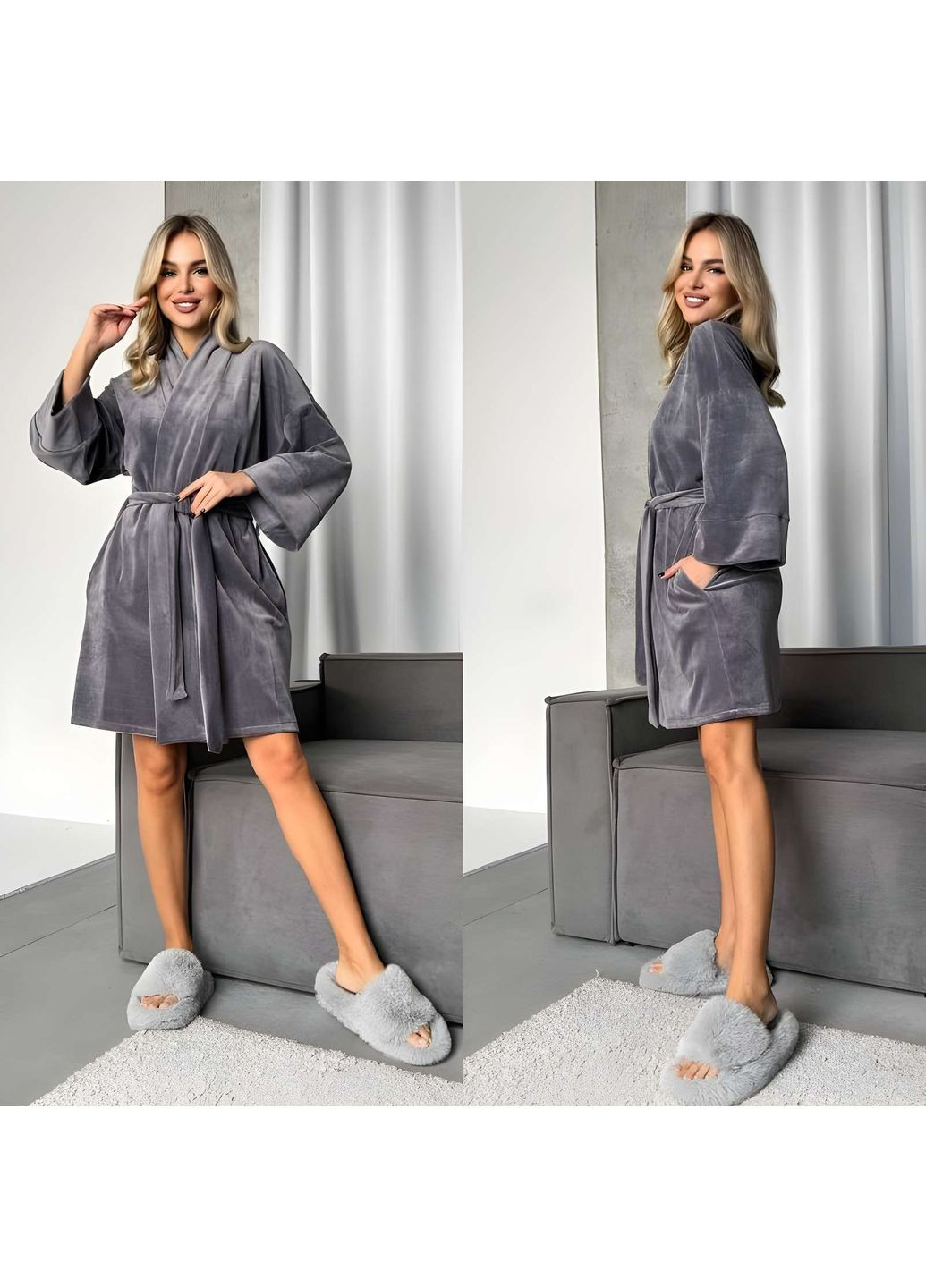 Жіночий зручний велюровий халат на запах сірий Україна (371548115)