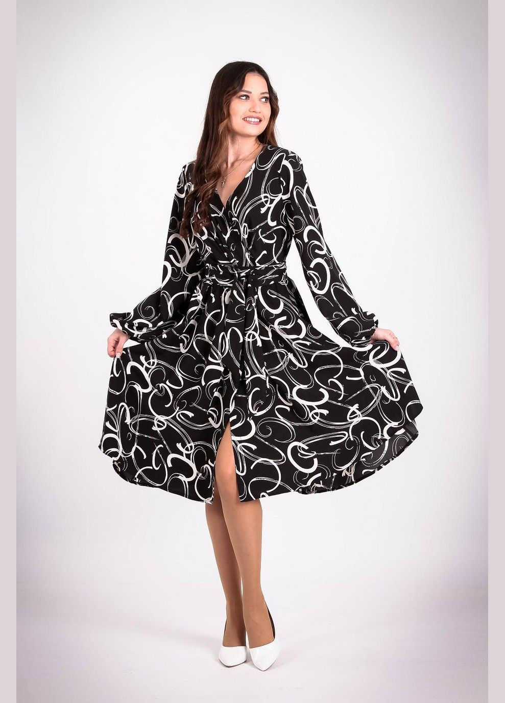 Чорна кежуал сукня рукав фонарик жіноча 202 кільця білі софт чорна Актуаль