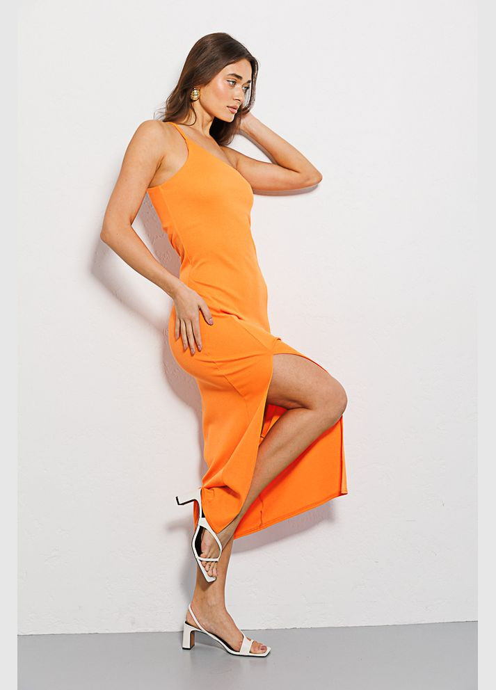 Оранжевое длинное трикотажное платье мятное с бретелей на одно плечо Arjen
