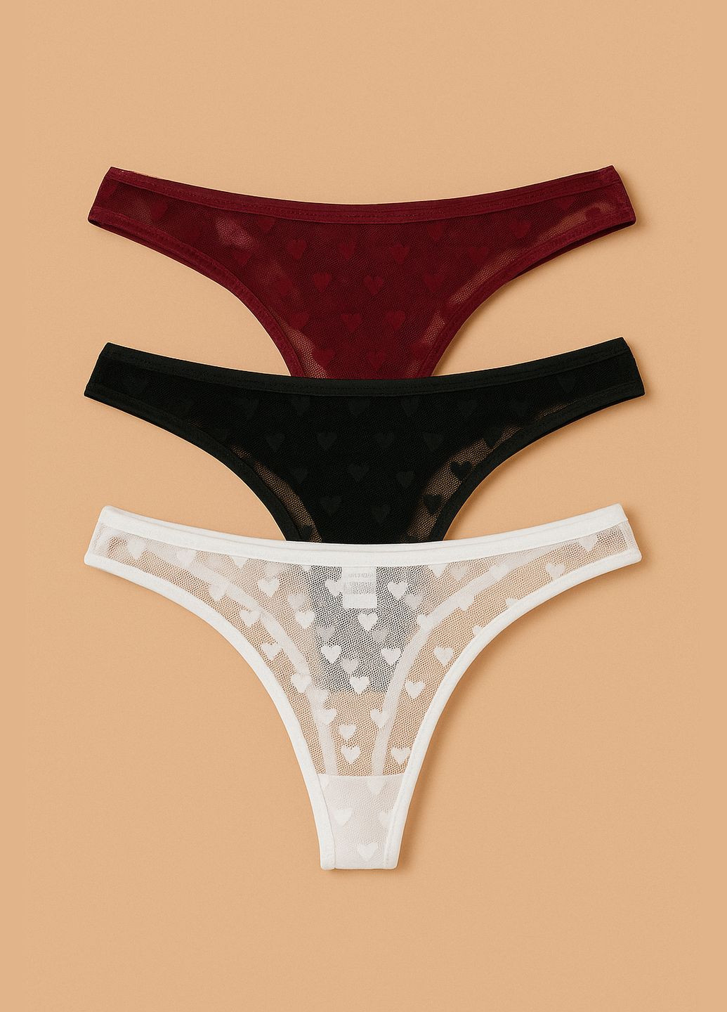 Набір жіночих прозорих трусиків-стрінгів з м’якої сітки з сердечками, 3 шт, бордовий, чорний, білий, р. S–L No Brand (330643847)
