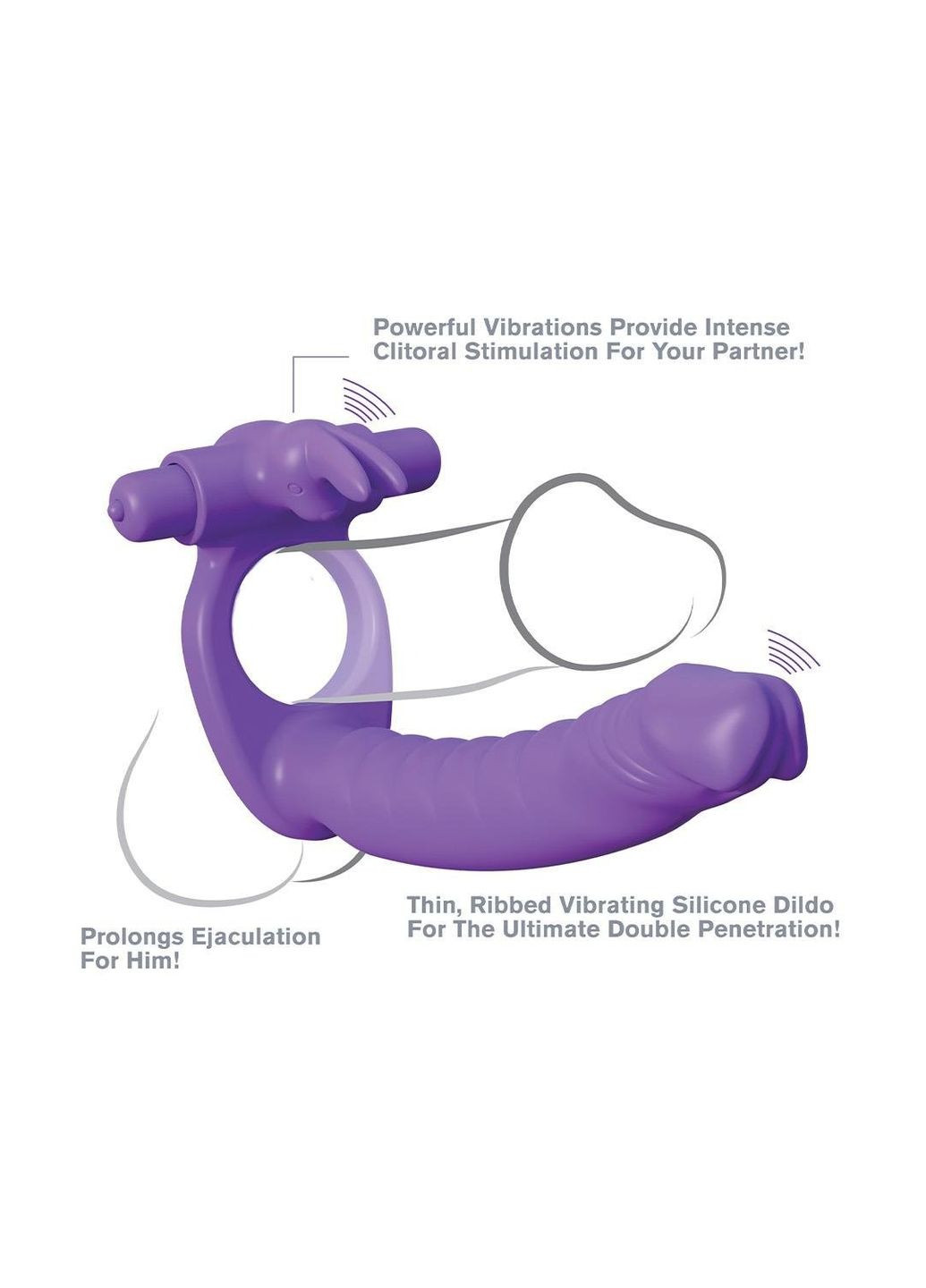 Насадка на член для двойного проникновения с вибрацией, фиолетовая, 19.5х2.7 см. Pipedream (366667803)