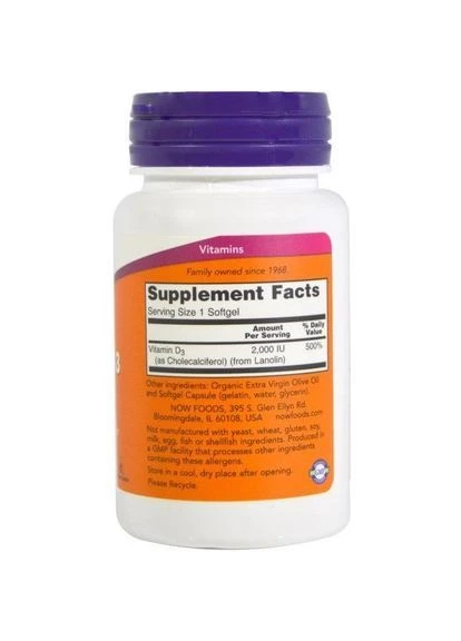Вітамін D Vitamin D-3 2000 IU 30 Softgels (000003408) Now Foods (387634760)