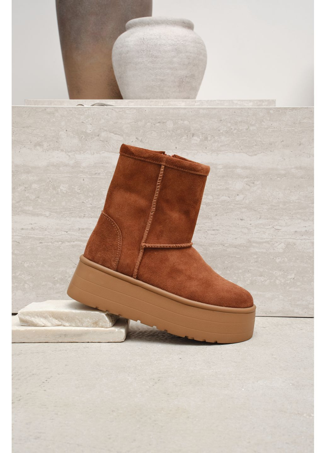 Женские высокие зимние угги из рыжей натуральной замши на высокой подошве с боковой блискавкой (отшив 3 дня) Paradize (365756007)