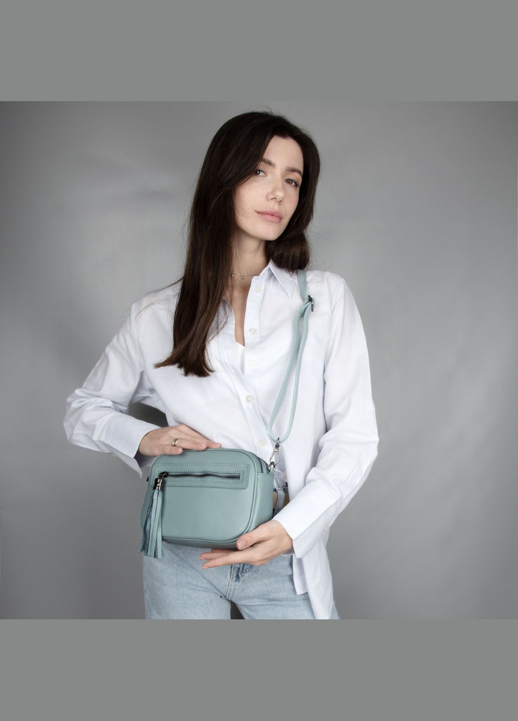 Сумка женская кожаная кросбоди на 3 отделения 03901 голубая Virginia Conti (325666562)