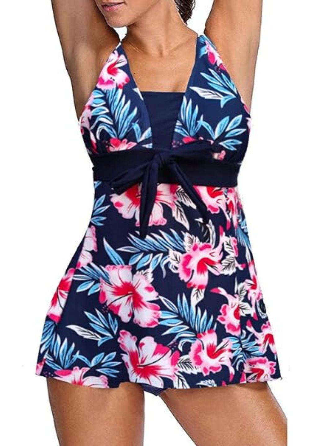 Темно-синій літній жіночий суцільний купальник plus size floral print (8480) FS