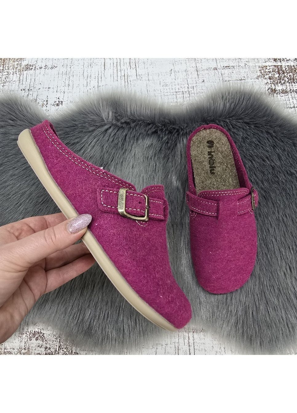 Тапочки жіночі світло-сині фетрові з ремінцем на поліуретановій підошві Inblu (366144521)