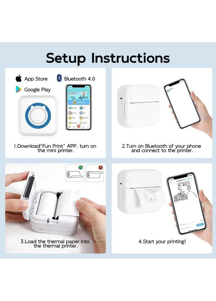 Портативний Bluetooth термопринтер для смартфона 57×30 мм, з акумулятором, біло-синій + 1 рулон термопаперу China (354827581)