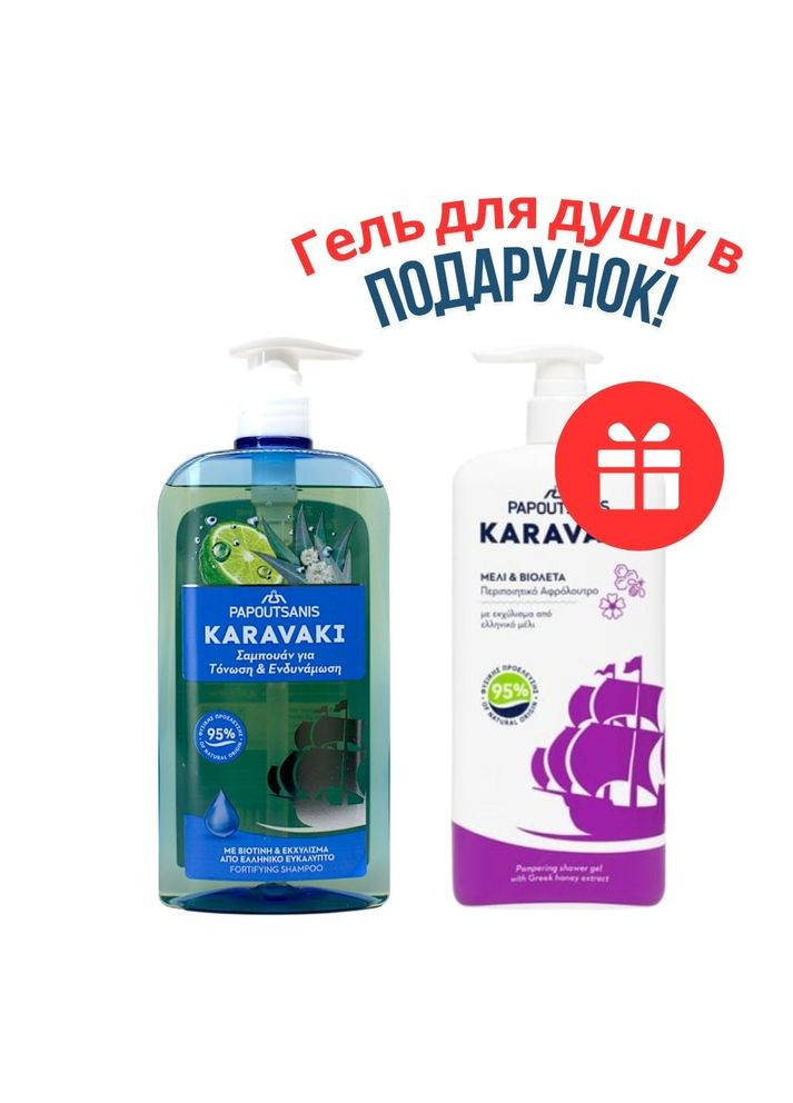 НАБОР: шампунь Укрепление и Питание 600 мл + гель для душа/пена для ванны Мед и Фиалка 750 мл Karavaki (354804826)