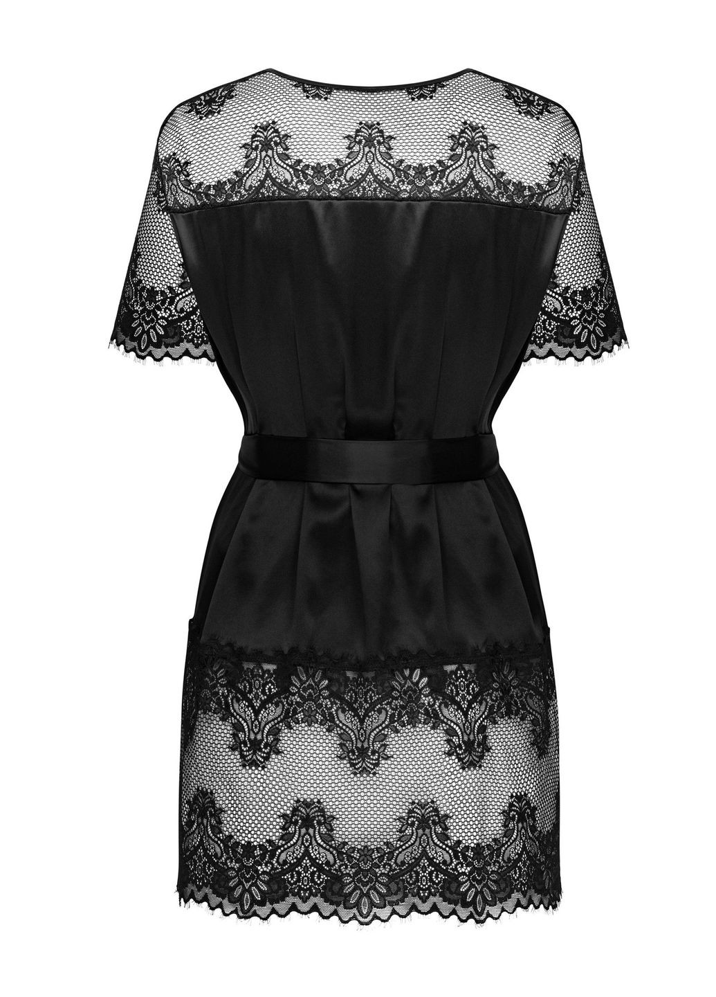 Черный демисезонный халат сатиновый с кружевом maderris peignoir Obsessive