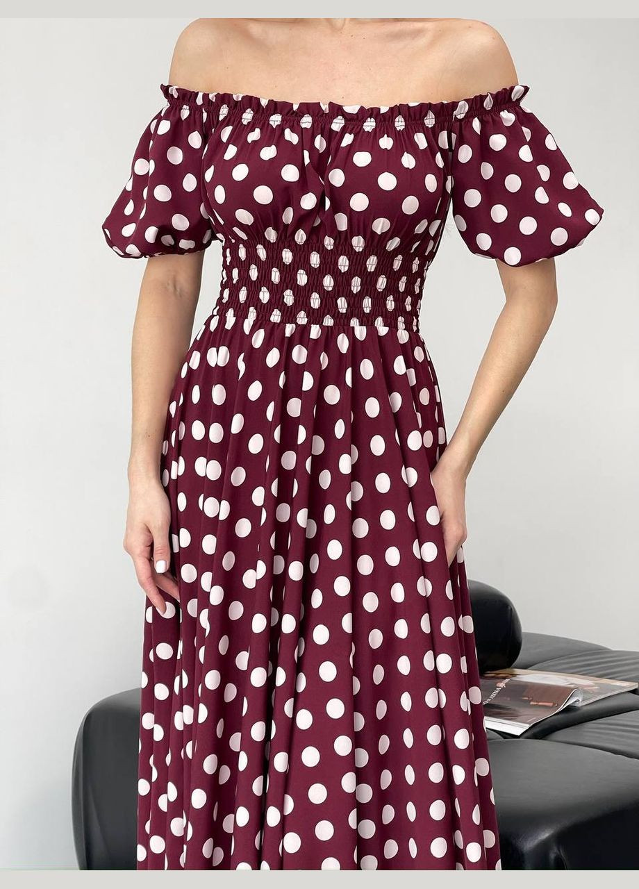 Бордова повсякденний, вечірня, кежуал жіноча сукня з відкритими плечима Style Point з квітковим принтом