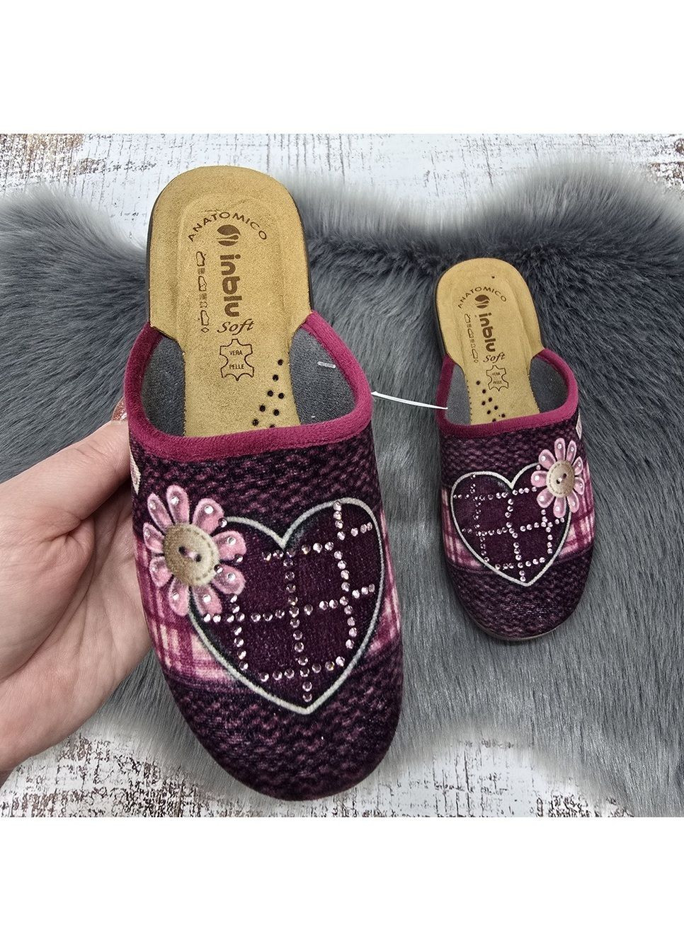 Тапочки жіночі для дому сливові велюрові зі шкіряною устілкою на танкетці Inblu (366144489)