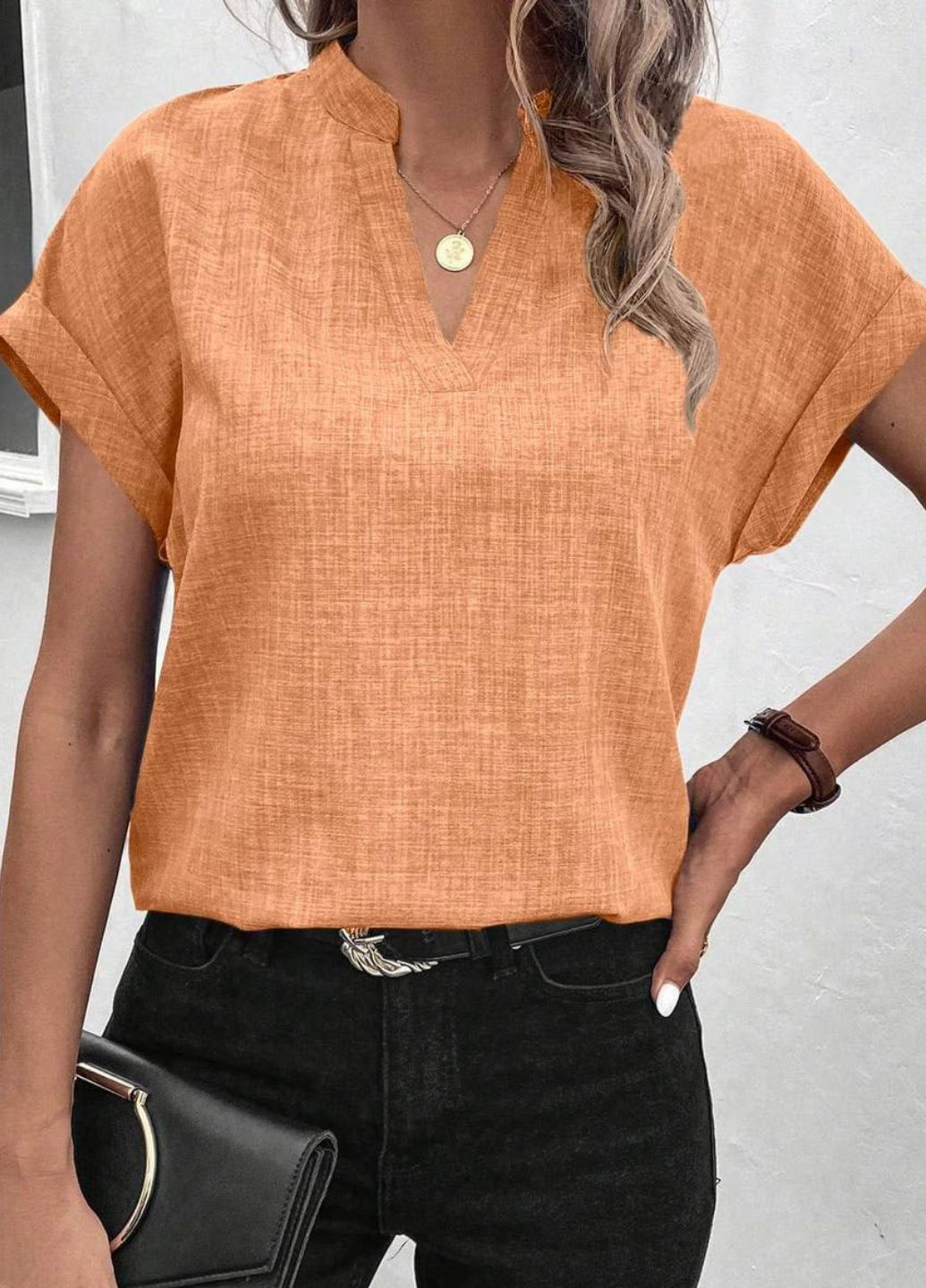 Оранжевая однотонная блуза из льна No Brand