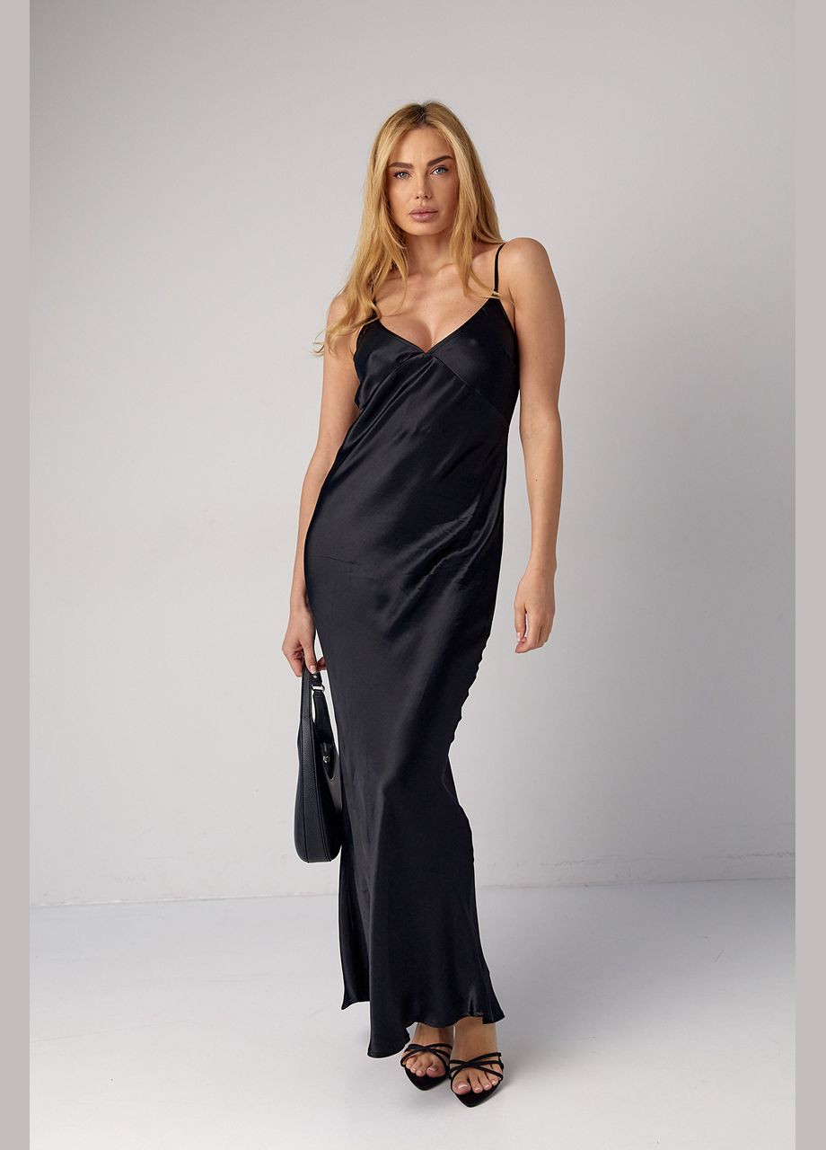 Демисезонный женский атласное платье макси в бельевом стиле - черный Lurex
