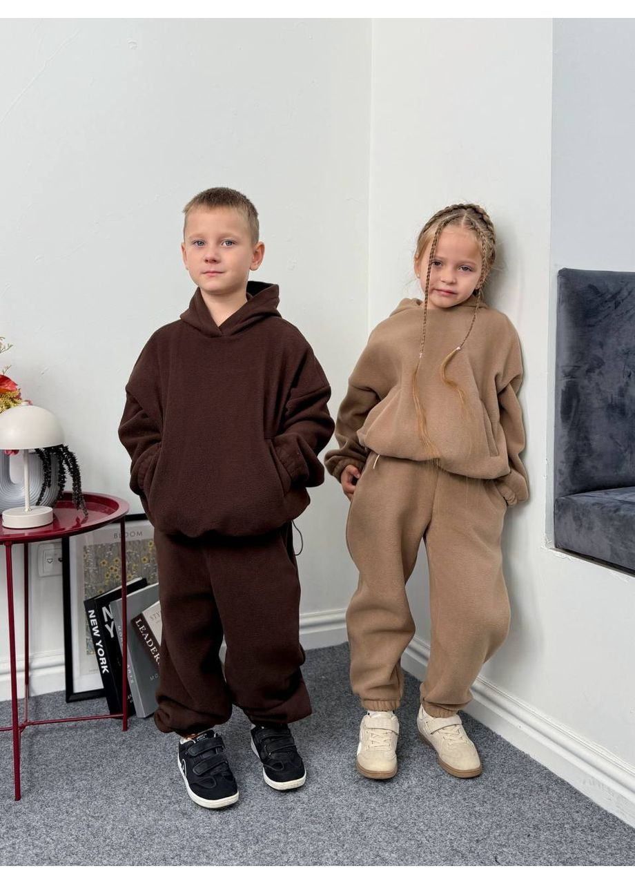 Темно-коричневый зимний костюм 1833 полар флис двойка детский брюки и тощие с капюшоном Україна