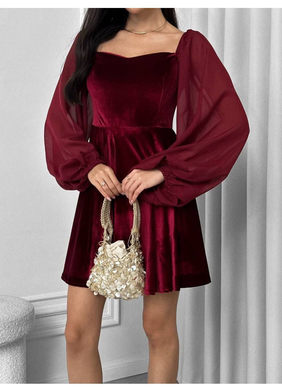 Бордова святковий жіноча оксамитова сукня з шифоновими рукавами No Brand однотонна