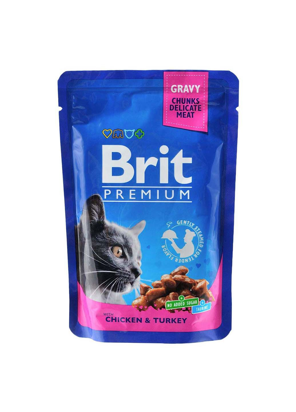 Вологий корм Шматочки з куркою та індичкою для котів 100 гр Brit Premium (286472876)