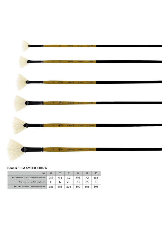 Пензель щетина віялова AMBER 2306FN №0 довга ручка ROSA Роса (362580418)