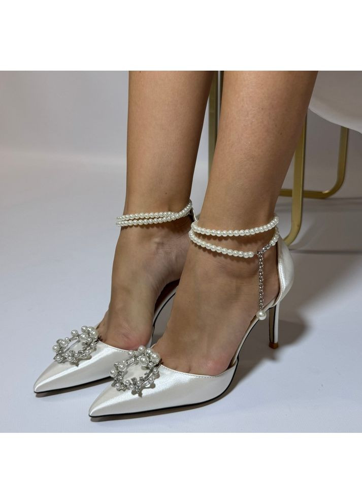 No Brand Жіночі туфлі весільні атласні та ремінцем перли та брошкою 9 см білий з текстиль, — (351394629)