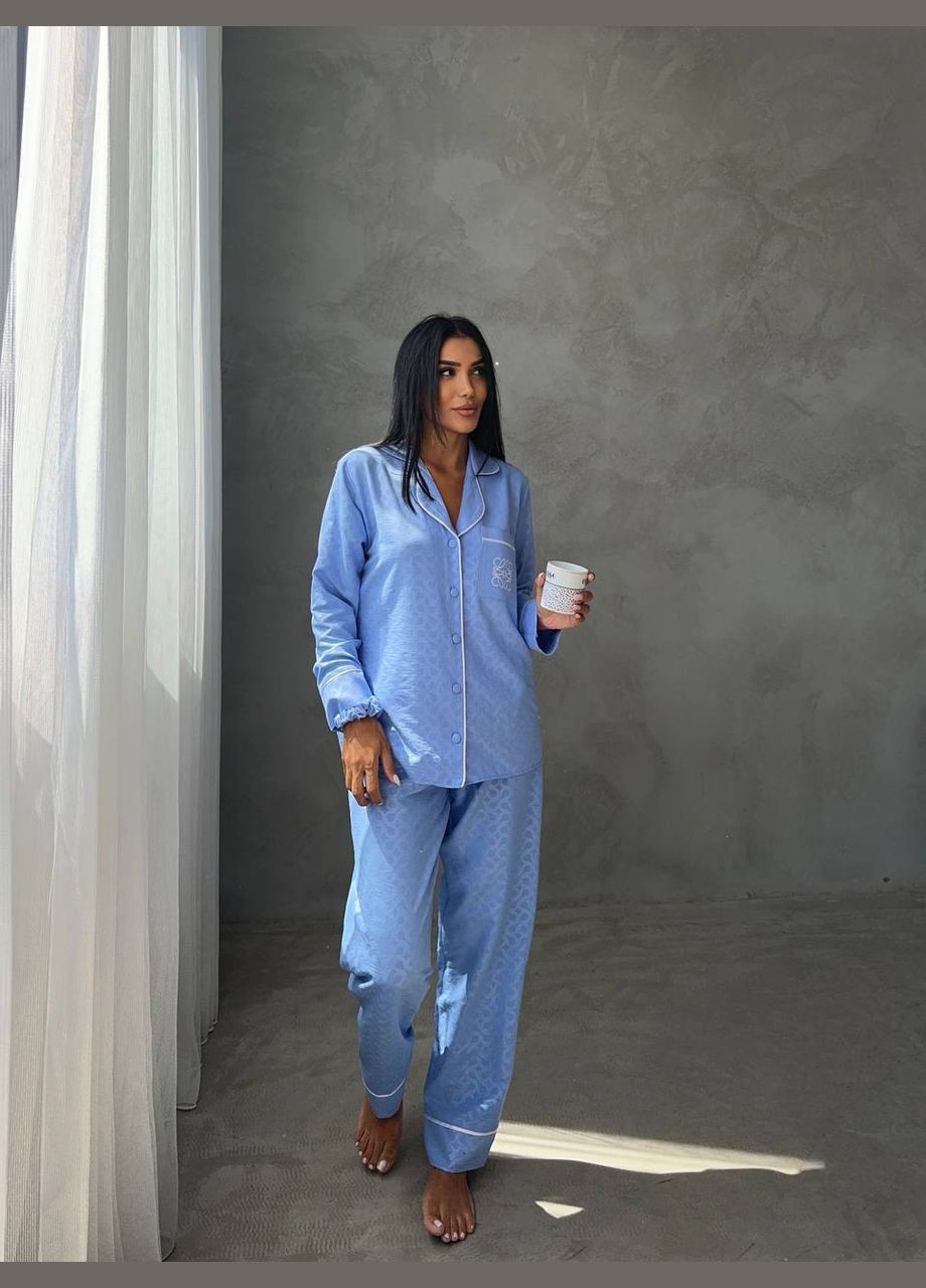 Голубая всесезон стильная пижама с узором рубашка + брюки No Brand
