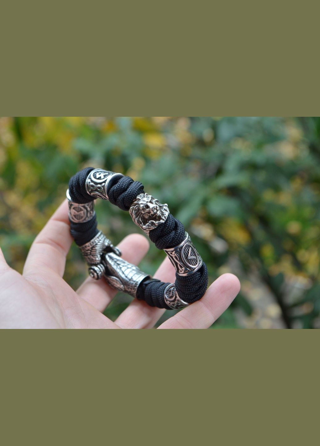 Браслет с Змеей, Львом из белой бронзы и Рунами из нержавеющей стали и из паракорда + брелок в подарок No Brand (341738672)