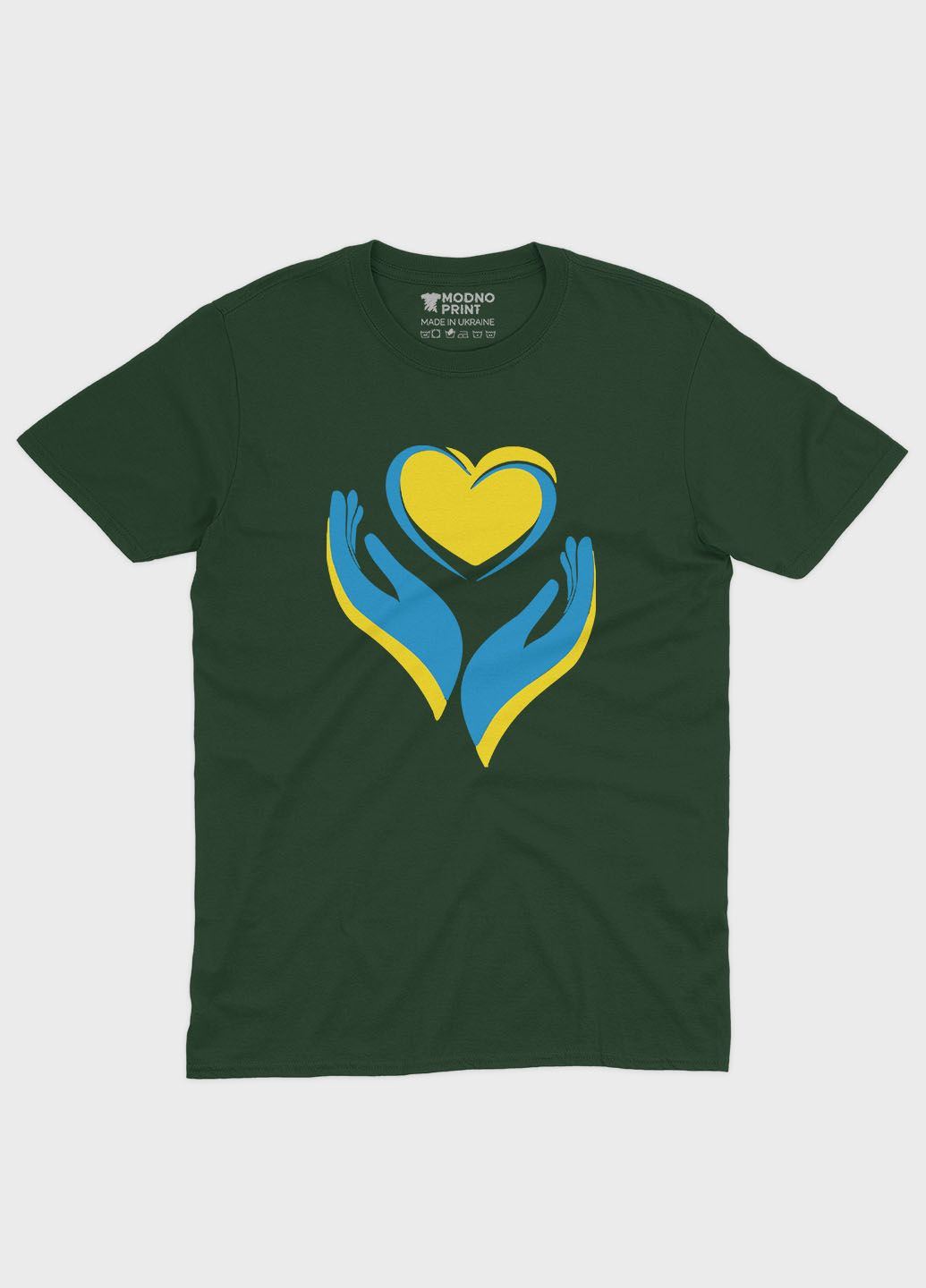 Темно-зеленая летняя женская футболка с патриотическим принтом сердце и лодони (ts001-2-bog-005-1-029-f) Modno