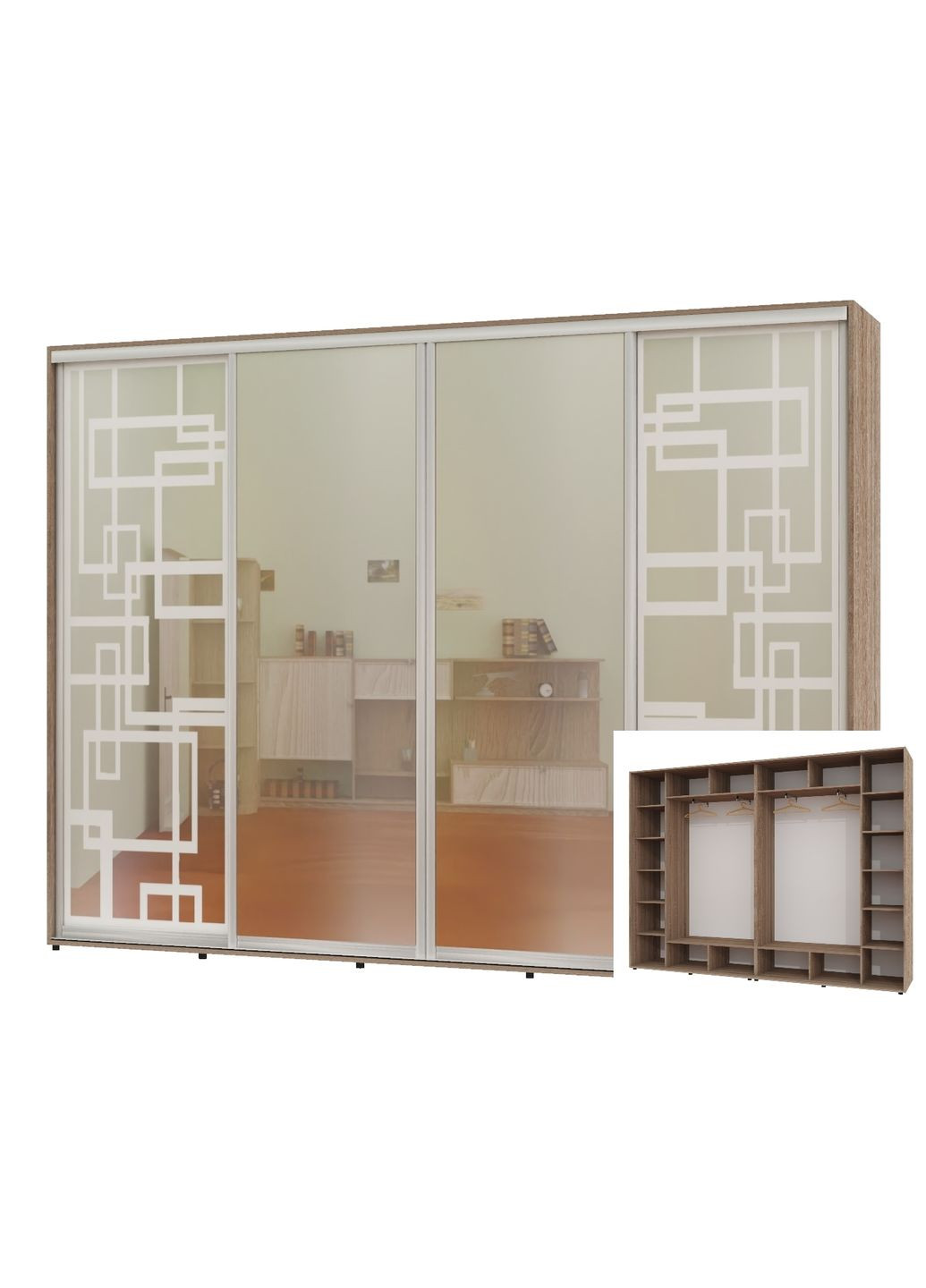 Шкаф-купе четырехдверный 310*45*240 Дуб Сонома трюфель 2 Зеркала с пескоструйным рисунком/2 Зеркала Алекса (360477985)