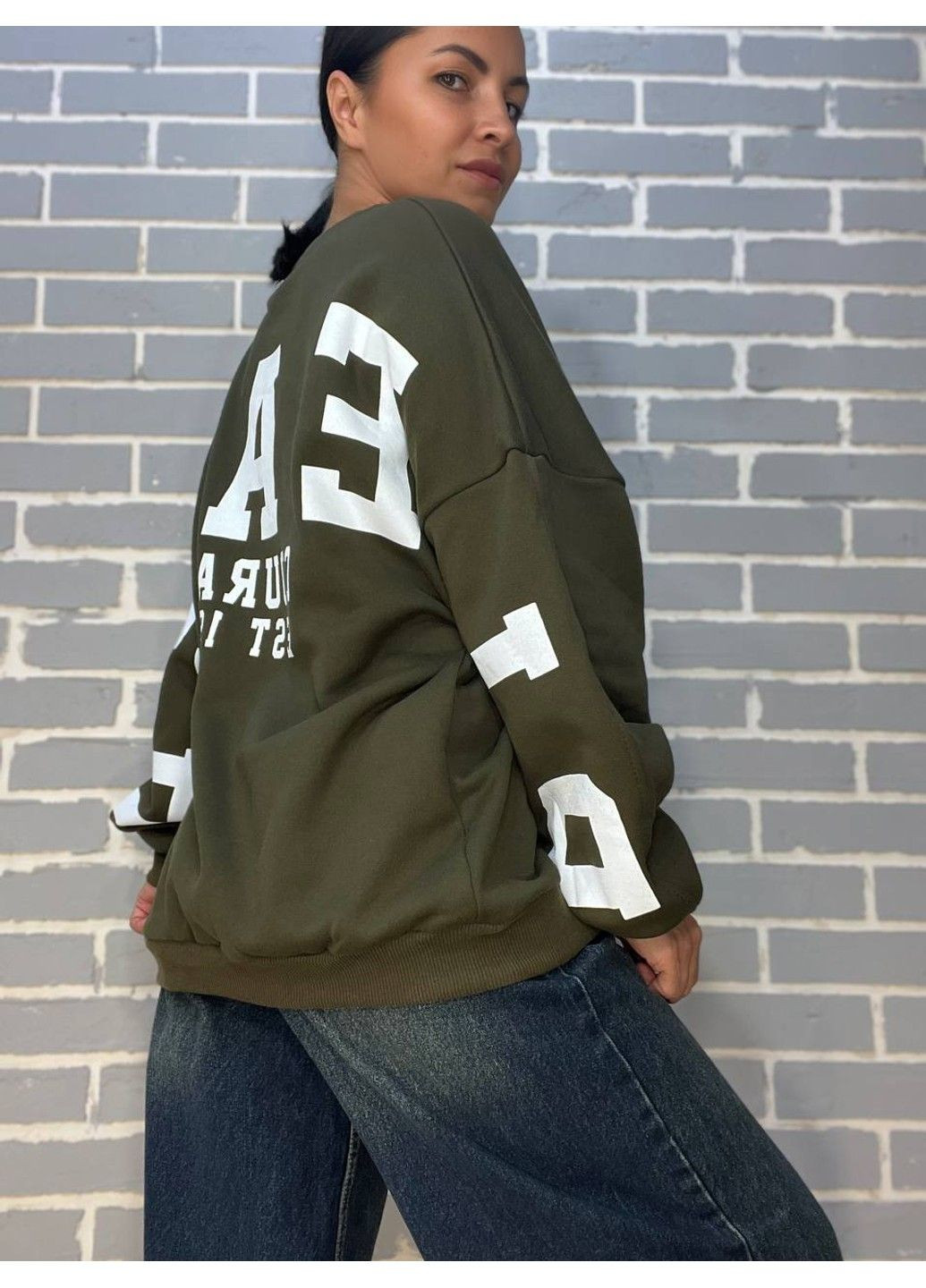 Зеленый свитшот женский davras 6000 оверсайз удлиненный надпись на спине pleased утепленный на флисе one size (314822887)